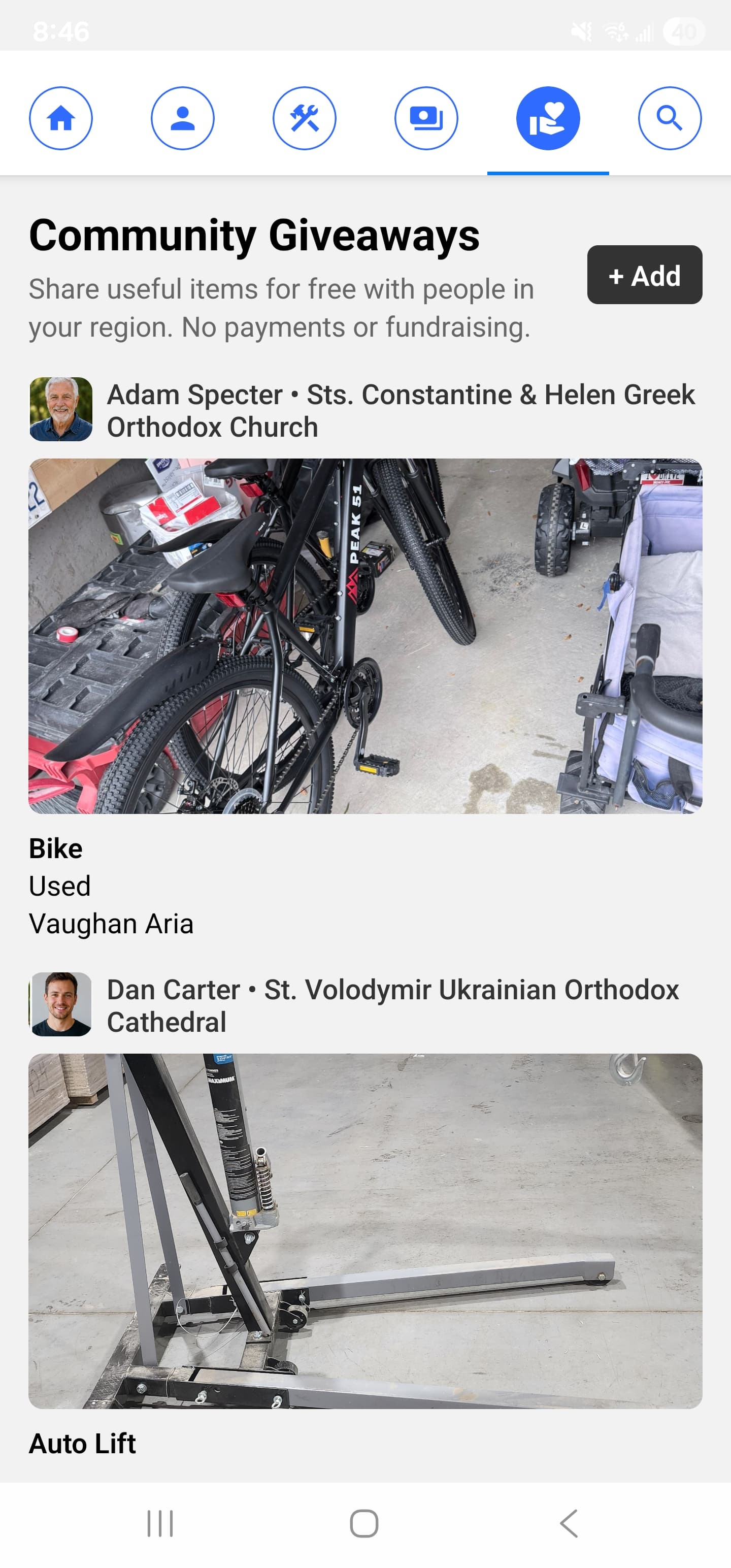 ChurchTrades Community Giveaways screen showing free items shared by community members