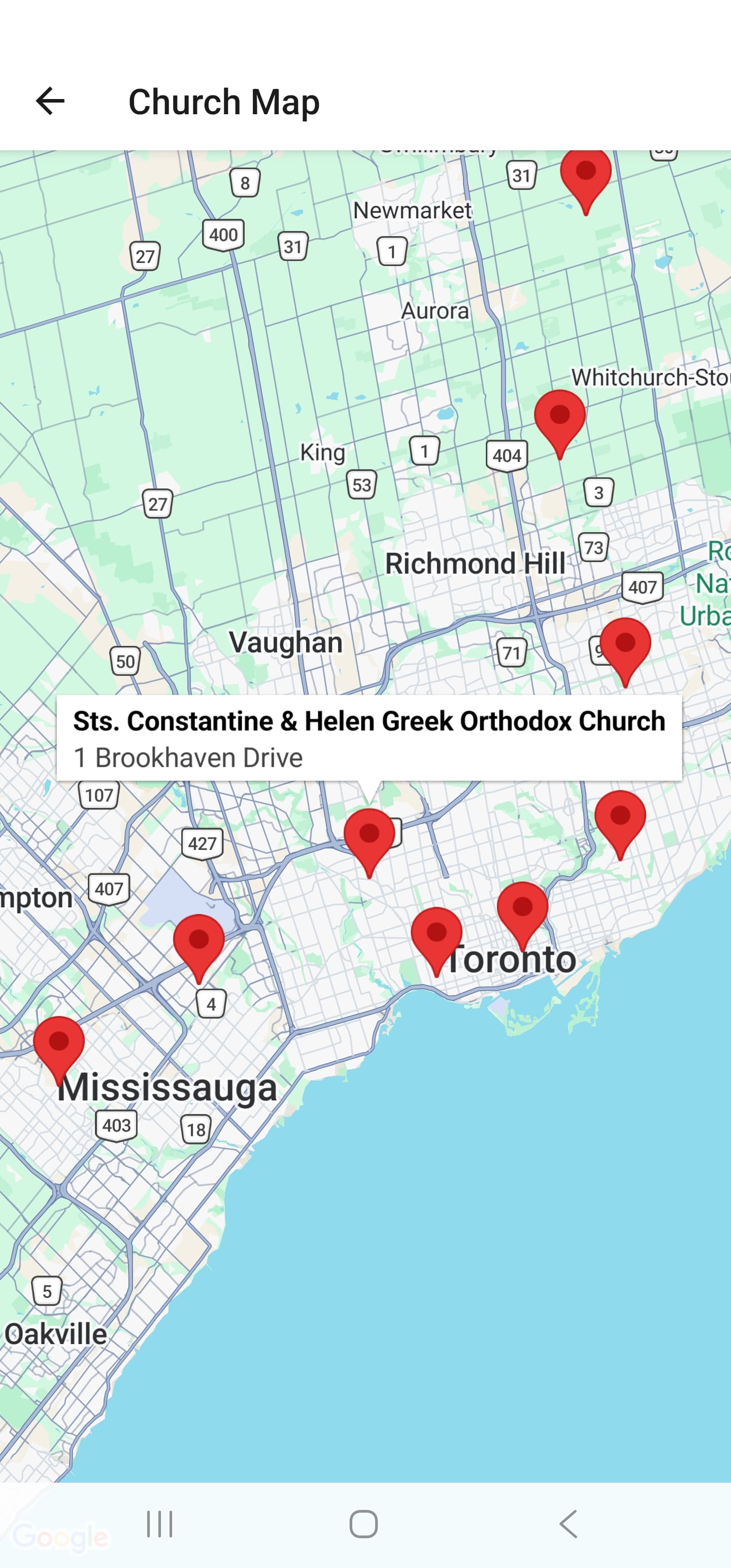 ChurchTrades app map screen showing nearby churches