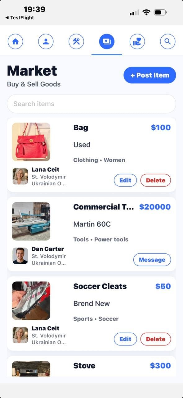 ChurchTrades app market screen showing community listings